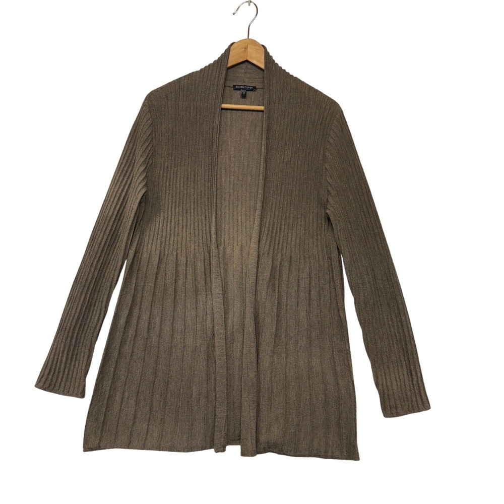 Eileen Fisher Womens Ribbed Open Front Cardigan 100% Wool Taupe Brown Size‎ M